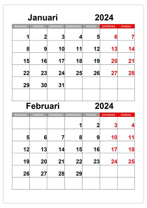 kalender 2024 januari dan februari